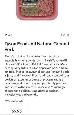 A comparison picture of the going price for Tyson ground pork not frozen SCAM ALERT