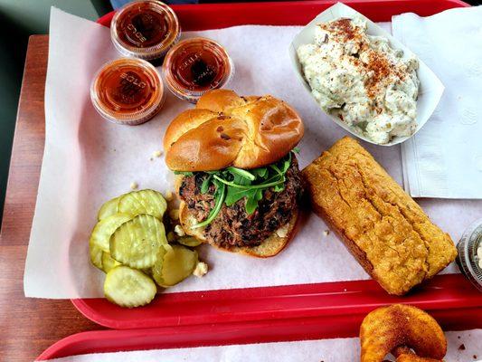 Blue Velvet with potato salad and corn bread.