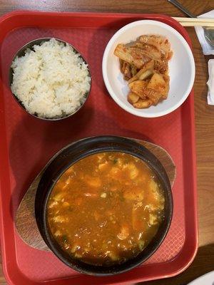 Soondubu (spicy soft tofu soup). Contains seafood. Absolutely delicious