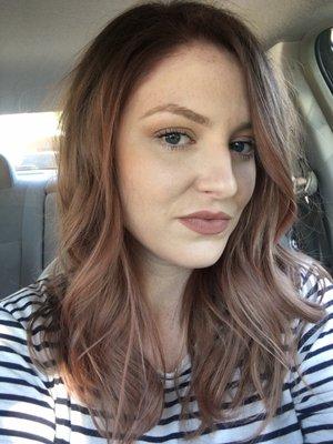 Most recent color and cut service done by Melanie. I usually stick to blonde and variations thereof, but we went rose gold this time!