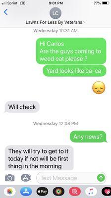 Text messages between myself and Carlos with Texas Veterans Lawn Service