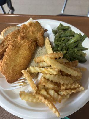 Fried fish, fries, green beans