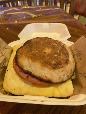 Pork roll egg and cheese on a jumbo English muffin.