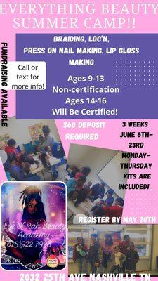 Hey Y'all  Eye Of Rah Beauty Academy is have their 1st Annual Everything Beauty Summer Camp! Yes, exciting we know! We invite  you