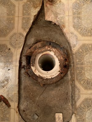 Floor flange underneath toilet bowl