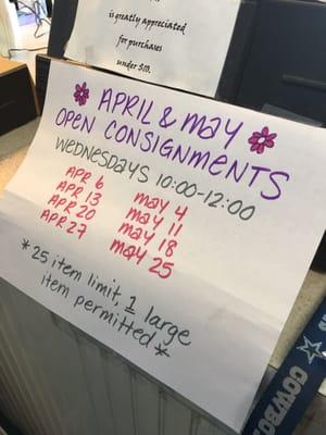 Open consignment days/times