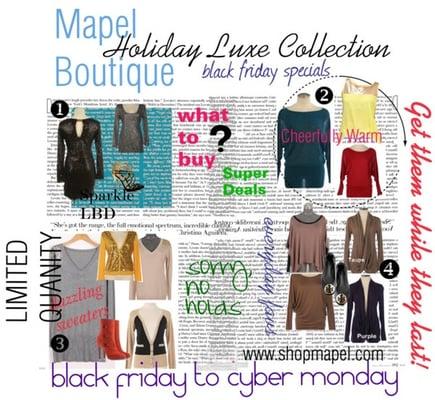 Mapel Boutique Holiday Luxe Collection. Doors open Friday @ 9am.  www.shopmapel.com