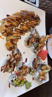 tempura california roll, shrimp tempura, and chicken tempura