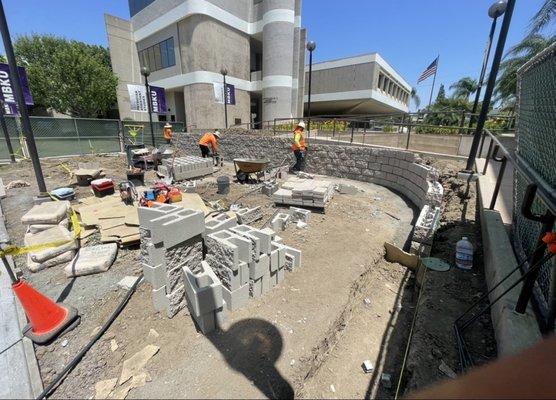 Retaining wall in process at a college in Fullerton