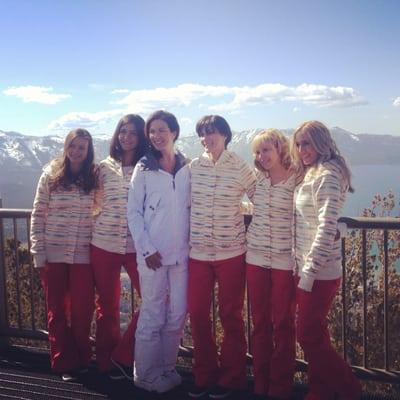 Bridesmaids in pink Roxy snowboarding pants