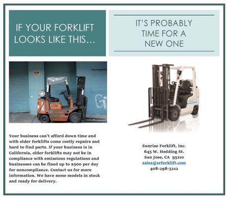 Stop throwing money away on your old forklift. We might just be able to save you money and work more efficiently. sales@srforklift.com