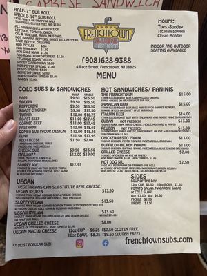 Frenchtown subs menu