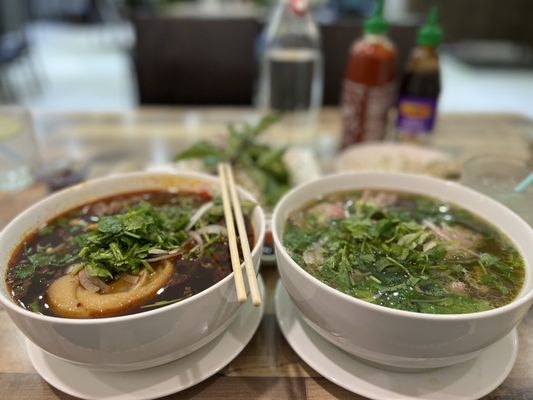 Bun bo hue and (Beef noodle soup) and Combination pho with meatball