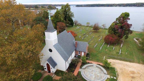 Trinity Episcopal Church, St. Mary's City, Maryland from the air.