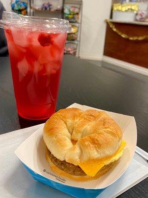 Egg croissant & mango strawberry refresher