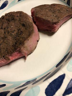 Ribeye on left and t-bone on the right. They were cooked perfectly!