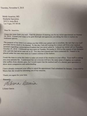 Letter I sent via certified mail to Dr. Ansarinia of Headache Specialists