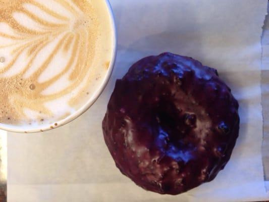 Honeybee (espresso, honey, lavender, and steamed milk) with a blue corn lavender doughnut. Yes, please!