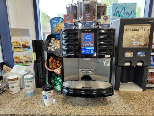 Freshly ground coffee and creamer that's always fridgerated so you do t have to worry about how long it's been out.