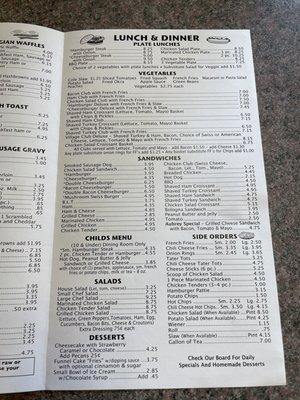 Lunch/dinner menu