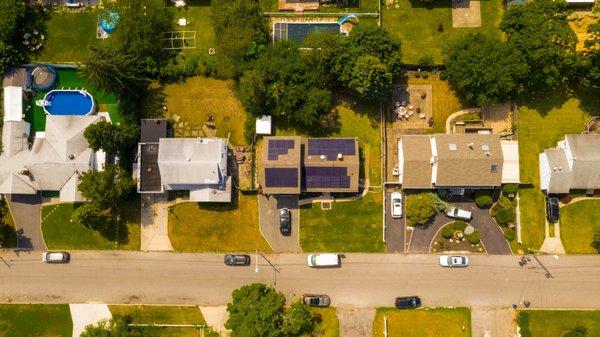 Aerial view of a solar installation.