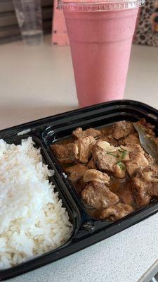 Pork adobo and banana strawberry smoothie