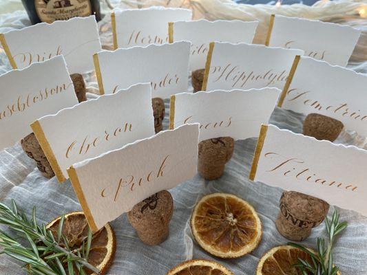 Place cards completed on archival watercolor paper with deckled edge and metallic watercolor