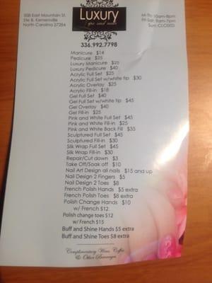 Service/price list