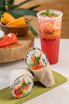 Sushi burrito and fresh lemonade