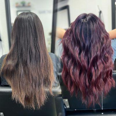 A lovely color transformation, from brunette to violet roots melted into a ruby red from mids to ends!