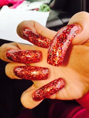 Red glitter powder long square nails