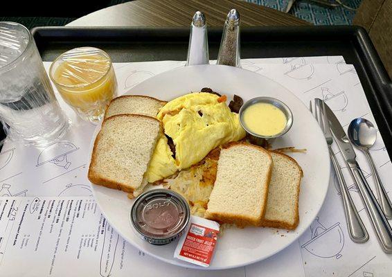 My Room Service delivery of Beef Bites Omelette meal with Orange Juice.