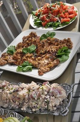 Grilled Mustard Garlic Chicken with Olive Potato Salad and Watermelon salad.