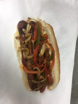 Italian sausage sandwich with onions and peppers.