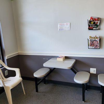 Table, stool, magazines