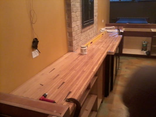 Basement Remodel-Bowling lane as counter.