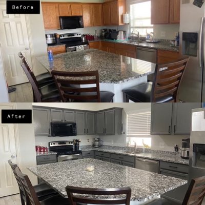 Collage of a kitchen cabinet update