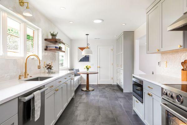 Midcentury modern galley kitchen remodel with dining nook