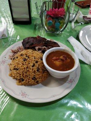 Rice con gandules and beans, roast pork,