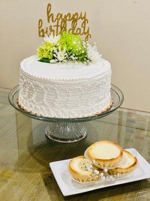 Plain fruit and cream 9" birthday cake $22 (cake only, flowers and sign not included). Egg white and milk tarts, weekend secret menu.