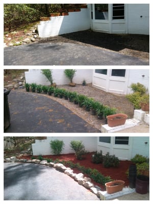 2 Burning Bushes along far wall, 2 Spirea bushes in front right corner, 3 Pink Muhly Grasses I back left and right corners an...