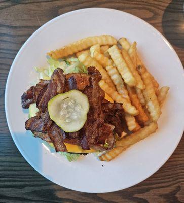 Bunless bacon cheeseburger and fries