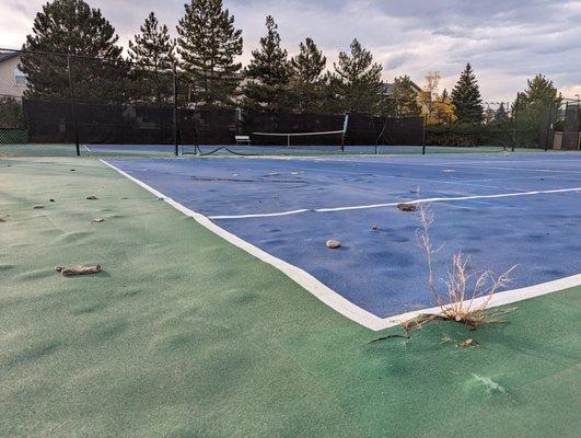 Unsafe tennis courts with weeds growing (CAC Flatirons - in Boulder, CO)