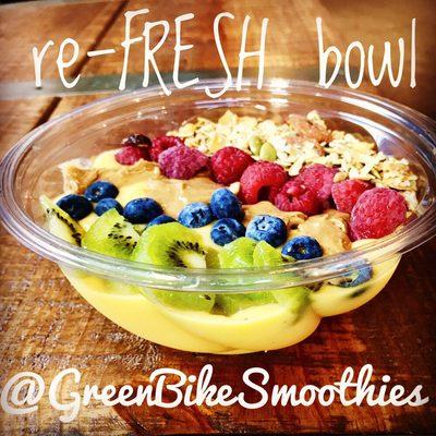 A blended base of fresh cantaloupe, banana, mango and orange topped with kiwi, blueberries, raspberries, granola and almond butter.