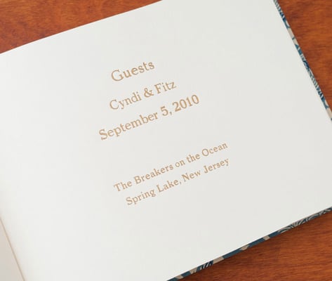 Title page with custom gold stamping of a wedding guest book