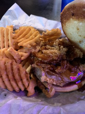 Burger with BBQ and a few onion straws. Fries were crispy ;(