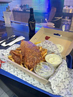 Fish and Supafries (mix of shoestring/tots/curly/onion rings)