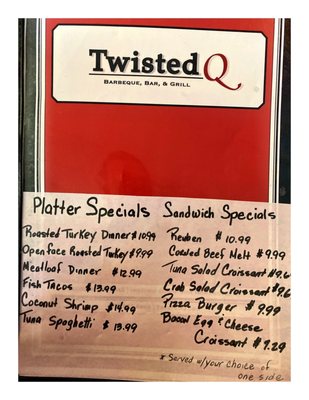 Twisted Q BBQ Menu. Platter & Sandwich Specials.