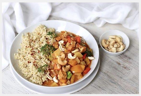 Our Vegan Coconut Thai veggies plate, home made curry plate with a delicious brown rice