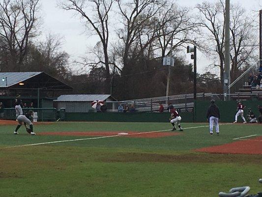 2/9/18. Friday afternoon. Shreveport, Louisiana. Shehee Stadium. Blazers Baseball vs. Centenary College Gents. Rainy 1st inning action!